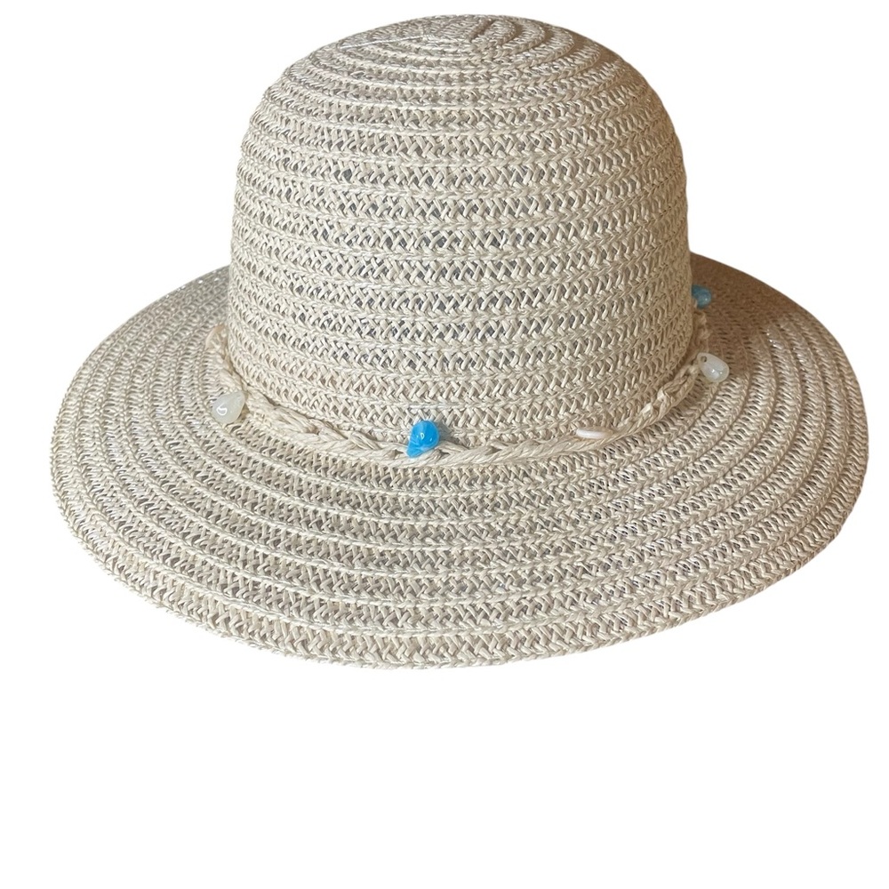 Yumi Beige Straw Sun Hat with Blue and White Bead Trim adjustable New with tag